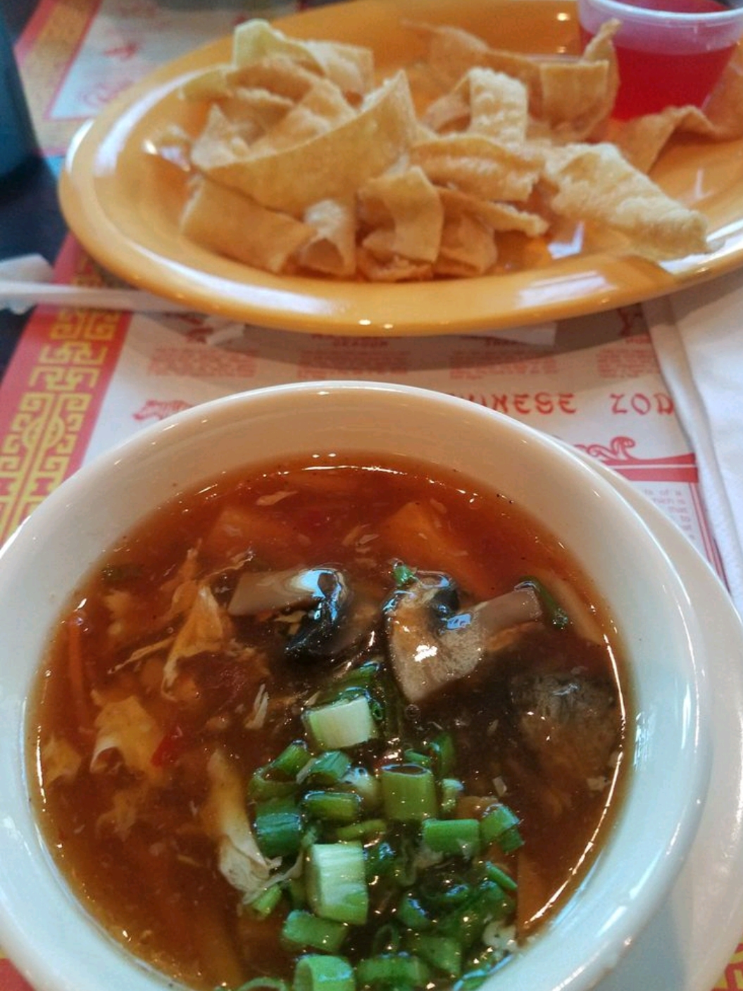 Hot and sour soup with crab rangoon